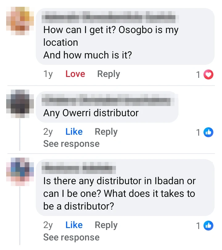 Real comments from Osogbo, Owerri and Ibadan asking where to get Lead Tombrown or how to become a distributor